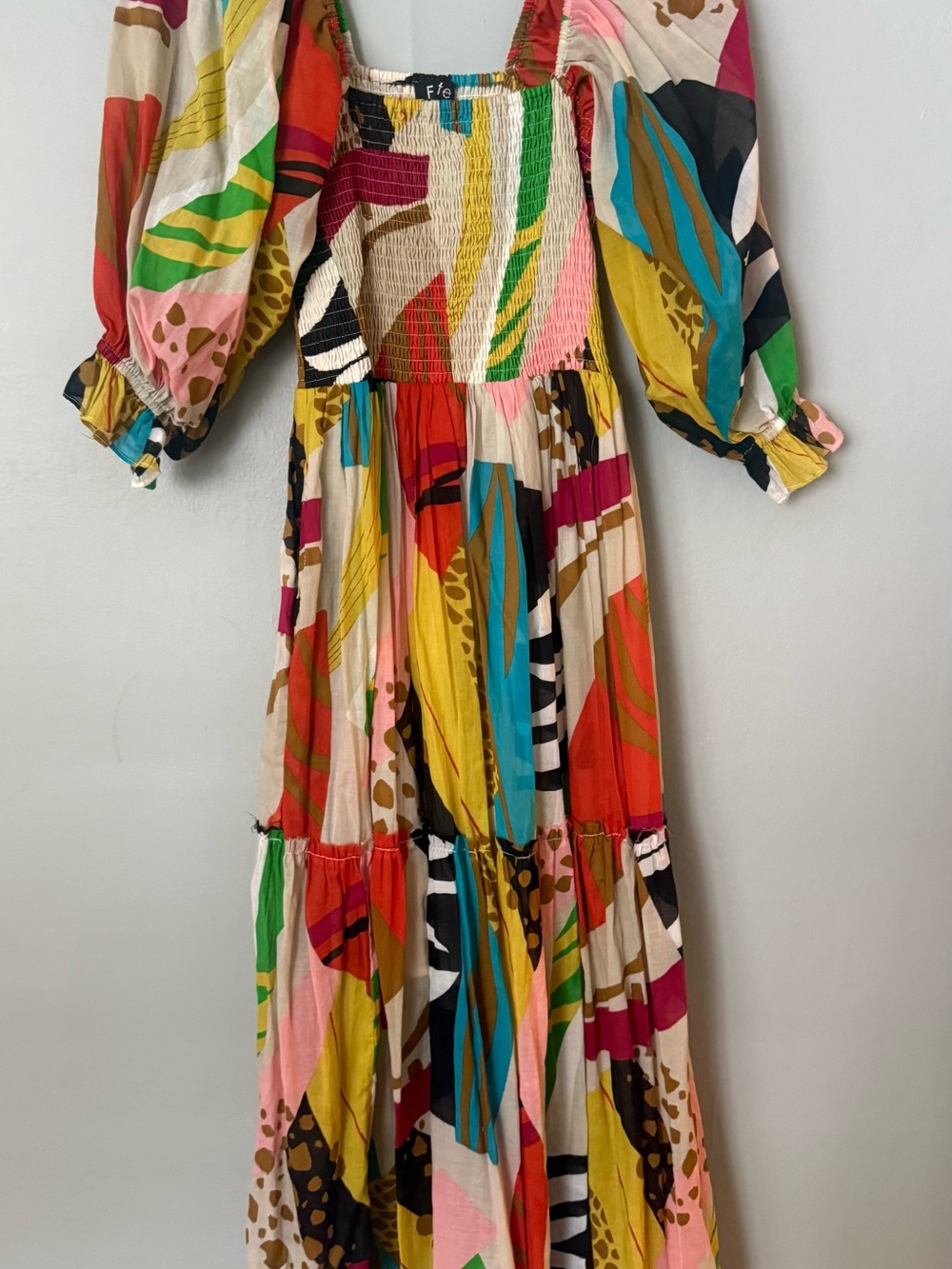 Fate Multicolor Abstract Maxi Dress with Puff Sleeves